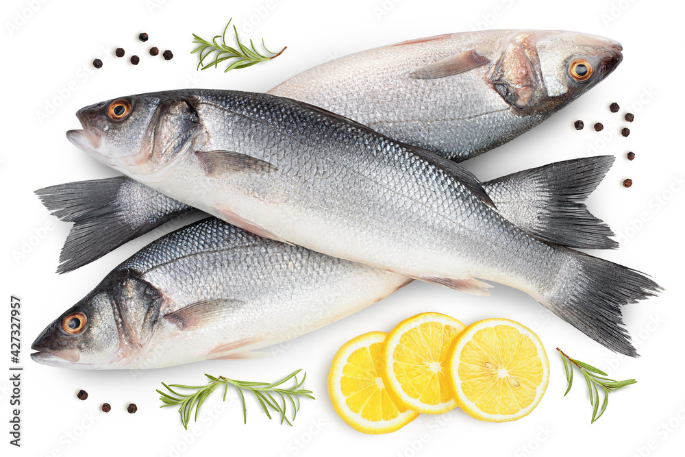 Sea bass fich isolated on white background with clipping path. Top view. Flat lay Sea bass fich isolated on white background with clipping path. Top view. Flat lay