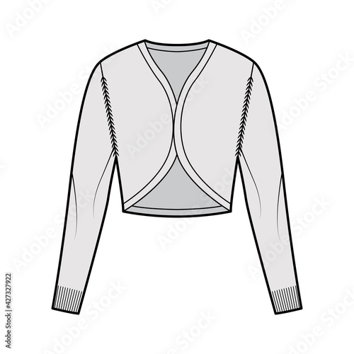 Shrug bolero cardigan technical fashion illustration with V- neck, long sleeves, slim fit, crop length, knit rib trim. Flat Sweater apparel front, grey color style. Women, men unisex CAD mockup