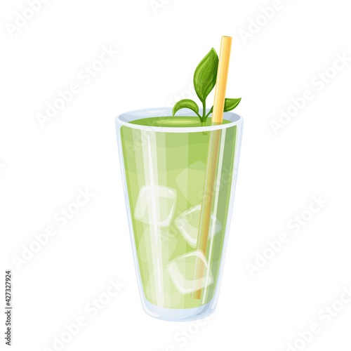 Iced matcha or matcha green tea latte in glass vector illustration.