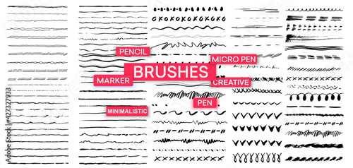 Set of artistic pen brushes. Vintage doodle underlines. Hand drawn grunge strokes. Scribble marker borders, sketch underlines
