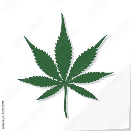 Marijuana Leaf with Seven Blades Icon Depicting Cannabis Indica Plant - Dark Green Elements on White Natural Paper Effect Background - Contrast Graphic Design