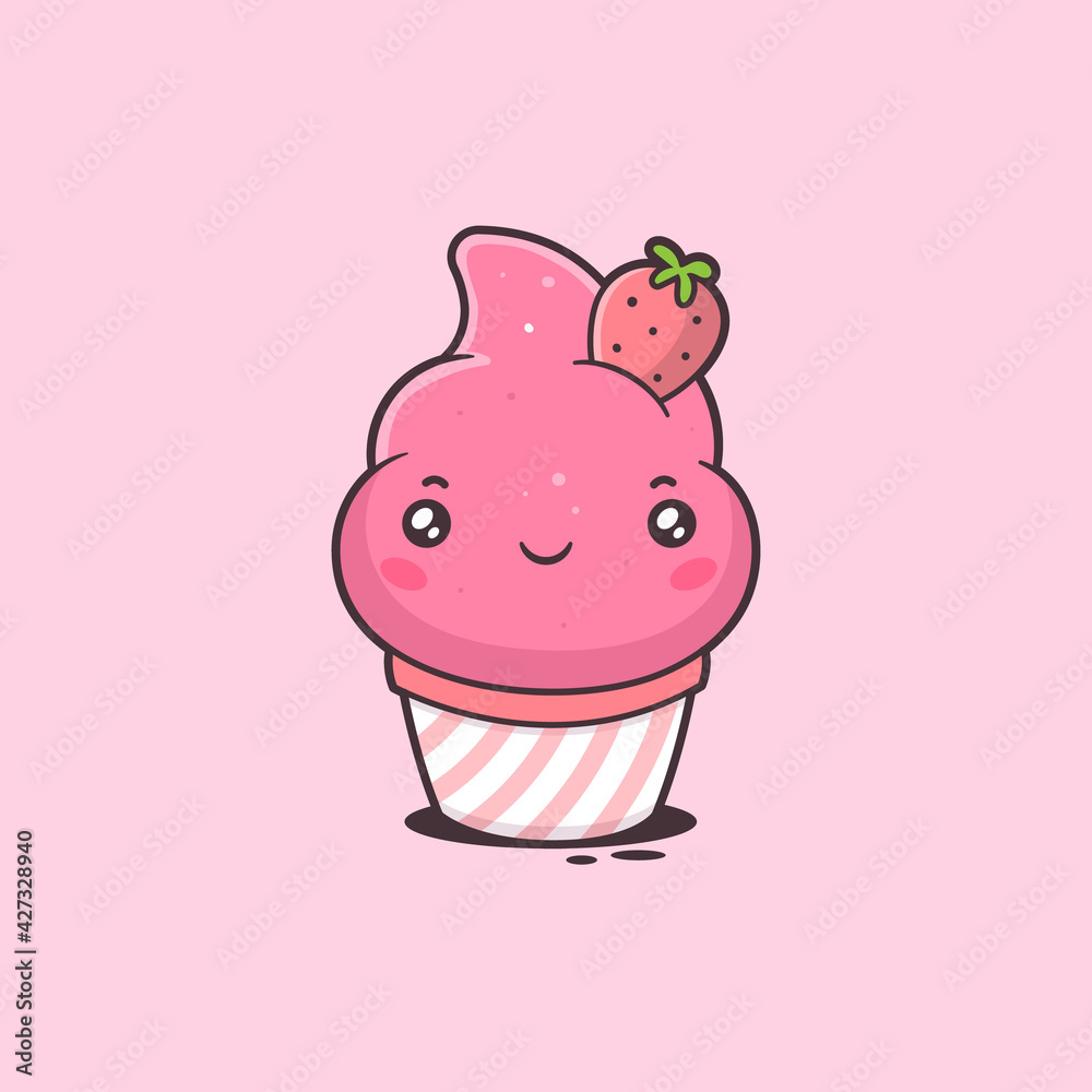 Cute kawaii strawberry ice cream mascot character cartoon illustration Cute kawaii strawberry ice cream mascot character cartoon illustration