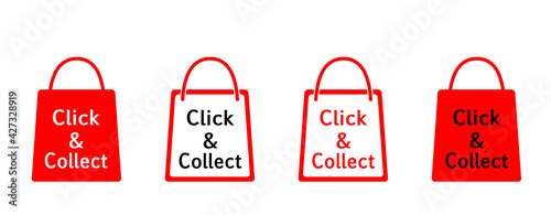 „Click & Collect“ Icons Einkaufstüten, Einkaufstaschen, Tragetaschen, in rot, 
Reklame Hintergrund, Einkaufen mit Termin, 
Vektor Illustration isoliert auf weißem Hintergrund
