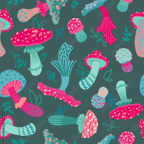 Seamless vector background with stylized poisonous mushrooms