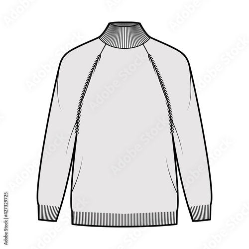 Turtleneck Sweater technical fashion illustration with long raglan sleeves, oversized, fingertip length, knit rib trim. Flat jumper apparel front, grey color style. Women, men unisex CAD mockup