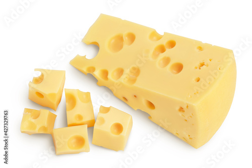 piece of cheese isolated on white background with clipping path. Top view. Flat lay