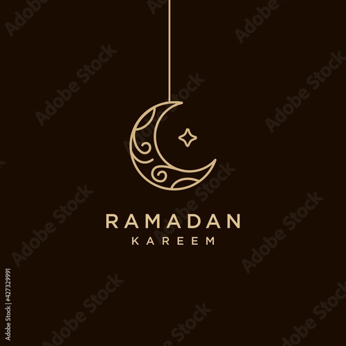 Arabic moon ramadan lantern, simple ramadan Kareem vector , Eid Mubarak Greeting Line icon minimal vector design with hanging golden crescent moon and star