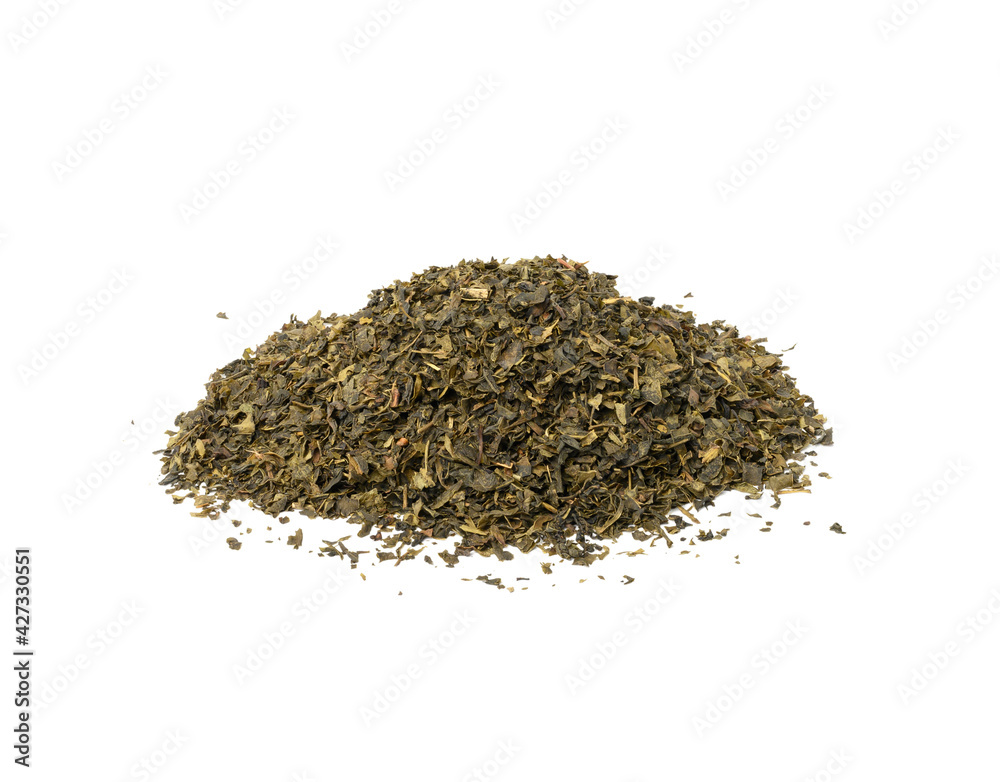 pile of dry green tea isolated on white background pile of dry green tea isolated on white background