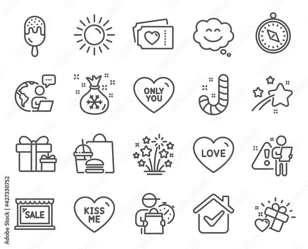 Holidays icons set. Included icon as Love, Sale, Love tickets signs. Fireworks stars, Only you, Santa sack symbols. Sun, Ice cream, Smile chat. Candy, Kiss me, Travel compass line icons. Vector Holidays icons set. Included icon as Love, Sale, Love tickets signs. Fireworks stars, Only you, Santa sack symbols. Sun, Ice cream, Smile chat. Candy, Kiss me, Travel compass line icons. Vector