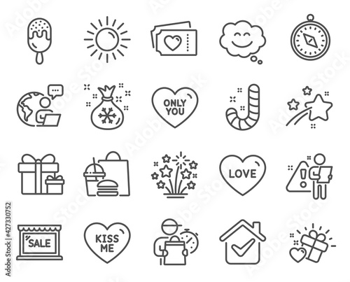 Holidays icons set. Included icon as Love, Sale, Love tickets signs. Fireworks stars, Only you, Santa sack symbols. Sun, Ice cream, Smile chat. Candy, Kiss me, Travel compass line icons. Vector
