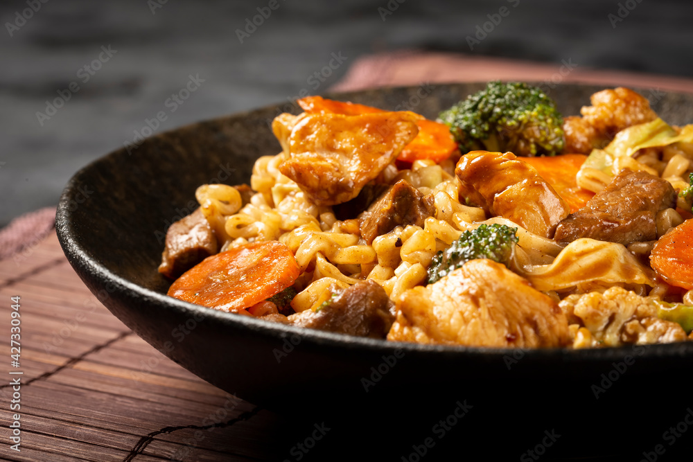 Yakisoba noodles. Yakisoba dish with meat, chicken and vegetables. Yakisoba noodles. Yakisoba dish with meat, chicken and vegetables.