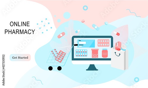 Landing page of Online pharmacy, healthcare, drugstore and ecommerce app concept. Vector of prescription drugs, first aid kit and medical supplies being sold via computer web or smartphone application