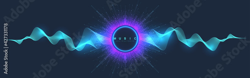 Music abstract background. Music wave poster design. Sound flyer with abstract gradient line waves, vector concept