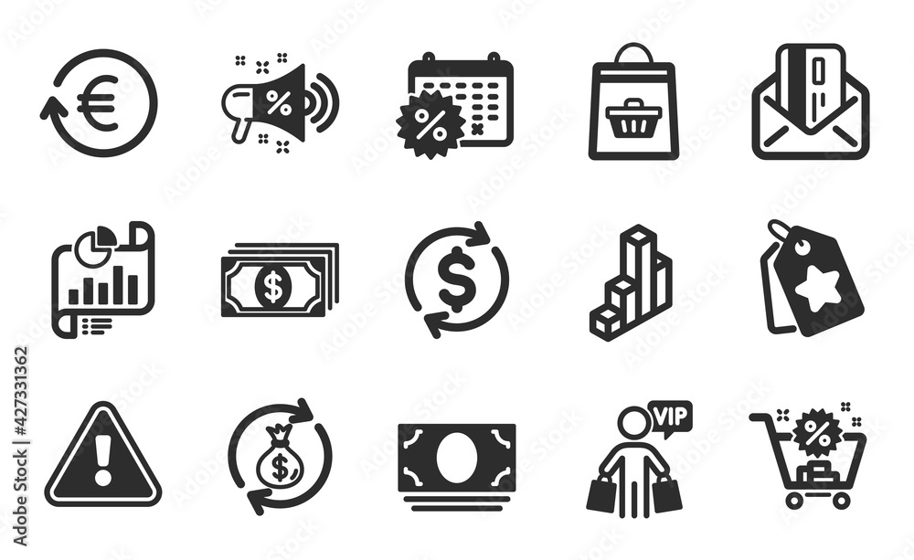 Cash money, Online buying and Credit card icons simple set. Calendar discounts, Money exchange and 3d chart signs. Exchange currency, Loyalty tags and Vip shopping symbols. Flat icons set. Vector