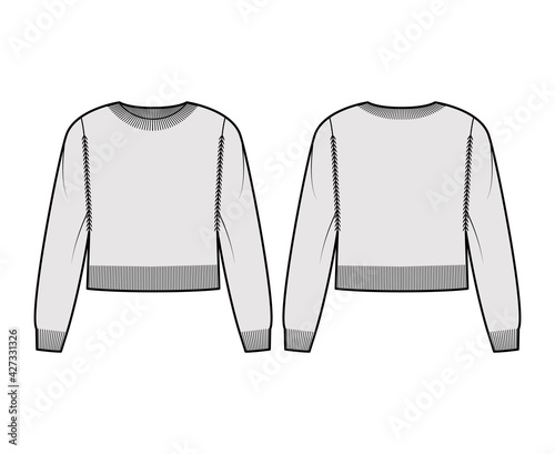 Crew neck cropped Sweater technical fashion illustration with long sleeves, relax fit, waist length, knit rib trim. Flat jumper apparel front, back, grey color style. Women, men unisex CAD mockup