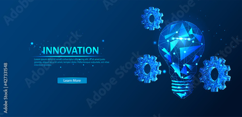 Abstract blue luminous light bulb with gears. Innovation, creativity, business technology concept in dark blue. The digital vector frame looks like a starry sky. Vector illustration