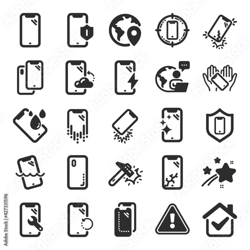 Smartphone protection icons. Tempered glass, screen protector and water resistant. Phone cover, display glass protection and shockproof device icons. Strong smartphone. Flat icon set. Vector