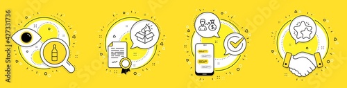Wine bottle, Sallary and Megaphone box line icons set. Licence, cell phone and deal vector icons. Star sign. Cabernet sauvignon, Person earnings, Brand marketing. Customer feedback. Vector