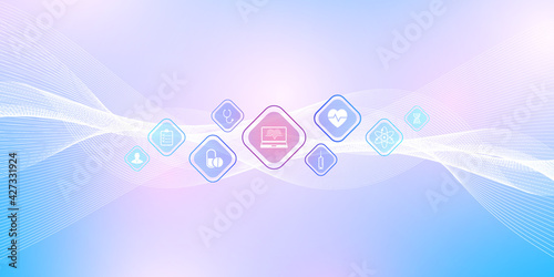 Abstract health care banner template with flat icons. Healthcare medicine concept. Medical innovation technology pharmacy banner. Vector illustration.