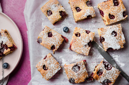 freshly baked sponge cake with fruits  photo