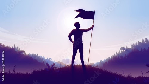 Personal achievement - Man holding flag on hilltop celebrating reaching his goal. Victory, winning and conquer adversity concept. Animation