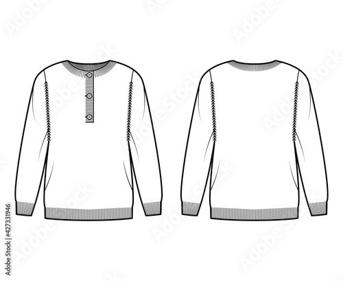 Sweater henley neck technical fashion illustration with rib crew collar, long sleeves, oversized, fingertip length, knit cuff trim. Flat apparel front, back, white color style. Women, men CAD mockup