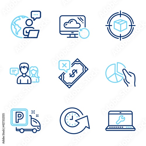 Business icons set. Included icon as Truck parking, Pie chart, Parcel tracking signs. Update time, Recovery cloud, People talking symbols. Laptop repair, Rejected payment line icons. Vector