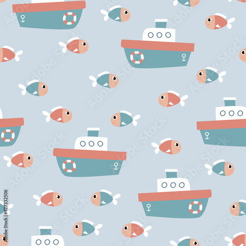 Cartoon seamless pattern with boat and fish on blue  background. It can be used for wallpapers, wrapping, cards, patterns for clothes and other.