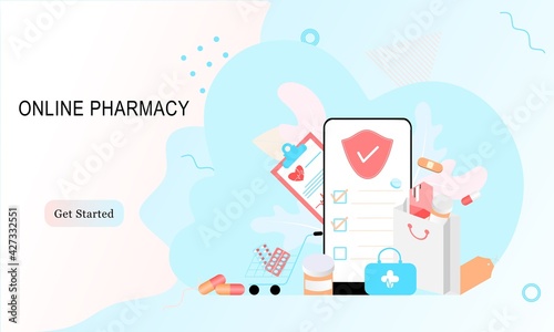Landing page of Online pharmacy, healthcare, drugstore and ecommerce app concept. Vector of prescription drugs, first aid kit and medical supplies being sold via computer web or smartphone application