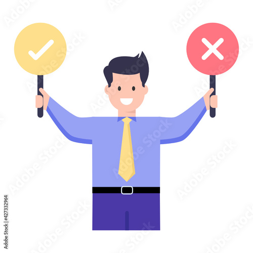 
Person holding tick cross placards denting flat icon of decision making 

