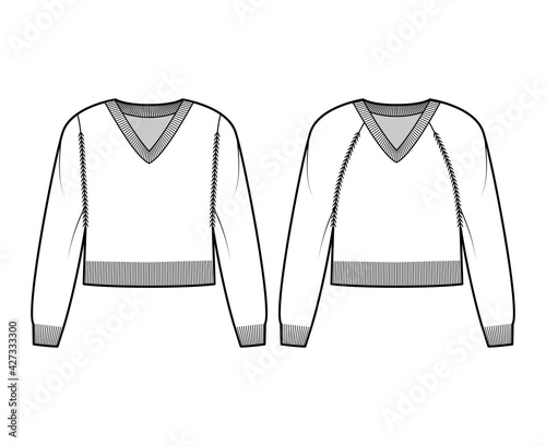 Set of V-neck cropped Sweaters technical fashion illustration with long raglan sleeves, waist length, knit rib trim. Flat jumper apparel front, white color style. Women, men unisex CAD mockup