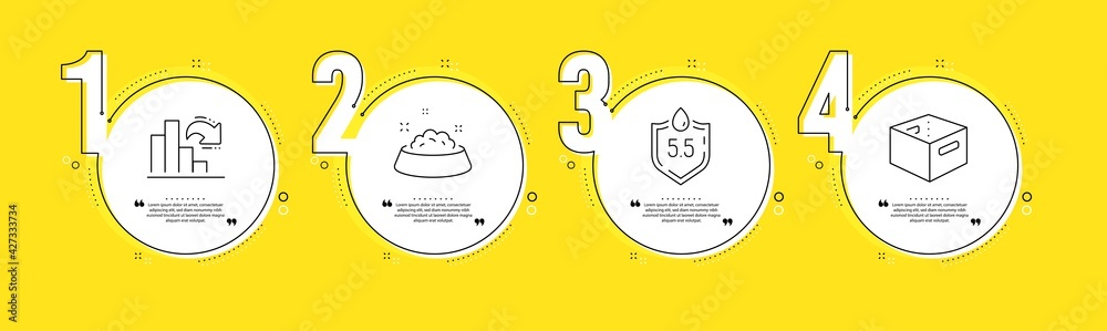 Dog feeding, Ph neutral and Decreasing graph line icons set. Timeline process infograph. Office box sign. Pets bowl, Water, Column chart. Delivery box. Business set. Vector Dog feeding, Ph neutral and Decreasing graph line icons set. Timeline process infograph. Office box sign. Pets bowl, Water, Column chart. Delivery box. Business set. Vector
