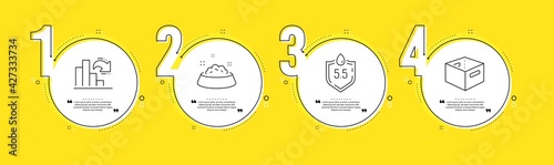 Dog feeding, Ph neutral and Decreasing graph line icons set. Timeline process infograph. Office box sign. Pets bowl, Water, Column chart. Delivery box. Business set. Vector