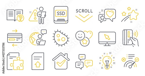 Set of Technology icons, such as Smile, Upload file, Help symbols. Strategy, Chat messages, Ssd signs. Bacteria, Idea, Contactless payment. Heart, Internet, Correct answer. Scroll down. Vector