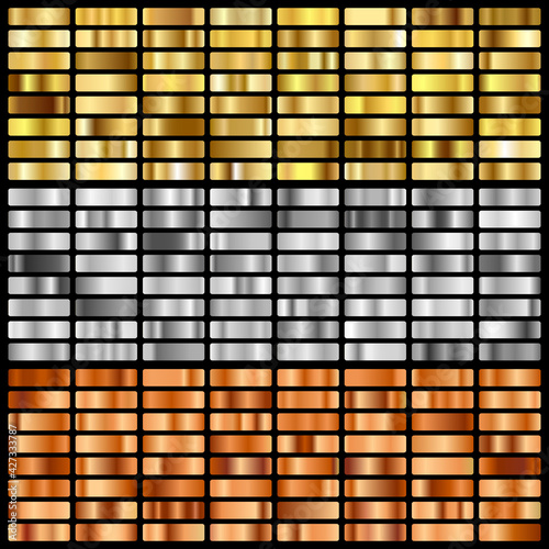 Gold, silver, bronze and golden foil texture gradation background set. Vector shiny hologram and metalic gradient collection for border, frame, ribbon, label design. Vector illustration