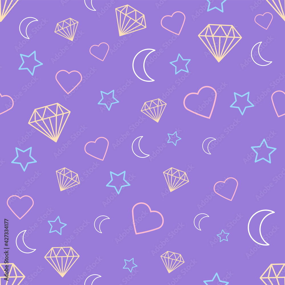Magic craft seamless pattern Cute vector illustration in line style Colorful moon, crystals, stars, hearts signs on purple background 