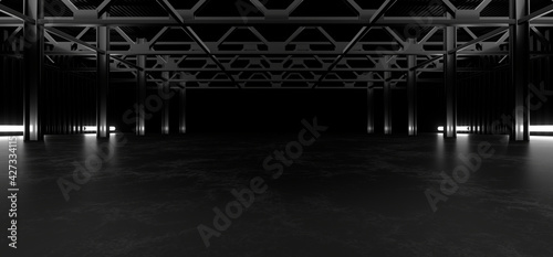Fototapeta Naklejka Na Ścianę i Meble -  A dark hall lit by white neon lights. Reflections on the floor and walls. 3d rendering image.