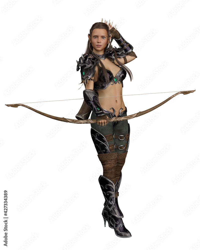 3D illustration of a female elf archer standing and reaching for an arrow isolated on white. 3D illustration of a female elf archer standing and reaching for an arrow isolated on white.