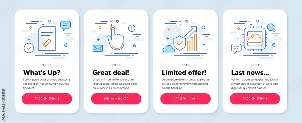 Set of Technology icons, such as Hand click, Security statistics, Edit document symbols. Mobile screen mockup banners. Cloud computing line icons. Vector Set of Technology icons, such as Hand click, Security statistics, Edit document symbols. Mobile screen mockup banners. Cloud computing line icons. Vector