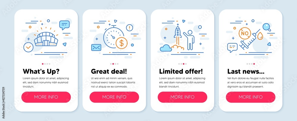 Set of line icons, such as Last minute, Launch project, Sports stadium symbols. Mobile app mockup banners. Coronavirus vaccine line icons. Buying timer, Business innovation, Championship arena. Vector