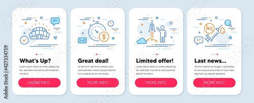 Set of line icons, such as Last minute, Launch project, Sports stadium symbols. Mobile app mockup banners. Coronavirus vaccine line icons. Buying timer, Business innovation, Championship arena. Vector