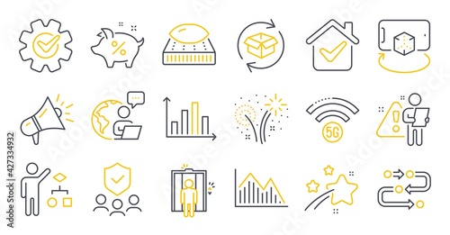 Set of line icons, such as Methodology, Mattress, Investment graph symbols. Megaphone, Elevator, Cogwheel signs. Augmented reality, 5g wifi, Fireworks. Loan percent, Return parcel. Vector