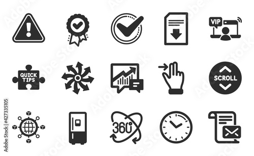 Logistics network, Full rotation and Quick tips icons simple set. Accounting, Refrigerator and Approved award signs. Scroll down, Download file and Confirmed symbols. Flat icons set. Vector