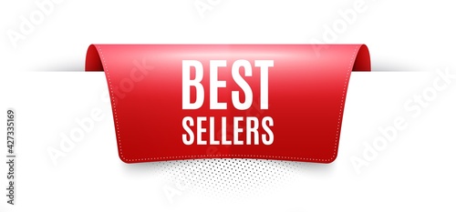Best sellers. Red ribbon label tag. Special offer price sign. Advertising discounts symbol. Infographics price tag banner. Best sellers badge shape. Website ribbon label banner. Vector