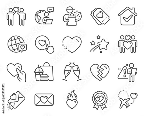 Love icons set. Included icon as Love couple, Honeymoon travel, Hold heart signs. Love award, Break up, Champagne glasses symbols. World brand, Heart, Like button. Valentine line icons. Vector