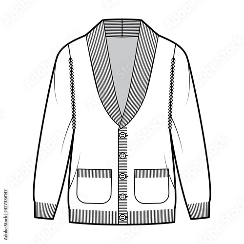 Cardigan Shawl collar Sweater technical fashion illustration with long sleeves, oversized, hip length, knit rib trim, button closure. Flat apparel front, white color style. Women men unisex CAD mockup