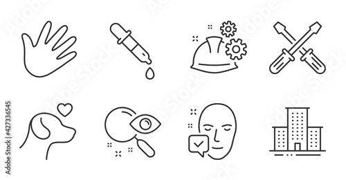 Face accepted  Working process and University campus line icons set. Pets care  Search and Screwdriverl signs. Hand  Chemistry pipette symbols. Access granted  Engineer helmet  Town building. Vector