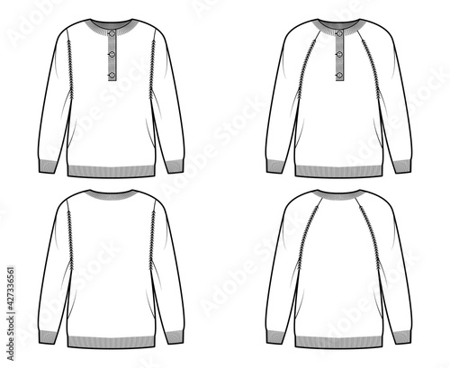 Set of Sweater henley neck technical fashion illustration with long raglan sleeves, oversized, hip length, knit rib cuff trim. Flat apparel front, back, white color style. Women, men unisex CAD mockup