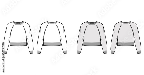 Crew neck Sweater cropped technical fashion illustration with long raglan sleeves, relax fit, waist length, knit rib trim. Flat jumper apparel front, back, white grey color style. Women men CAD mockup
