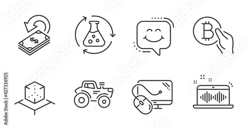 Computer mouse, Smile chat and Tractor line icons set. Chemistry experiment, Augmented reality and Cashback signs. Music making, Bitcoin pay symbols. Pc component, Happy face, Farm transport. Vector